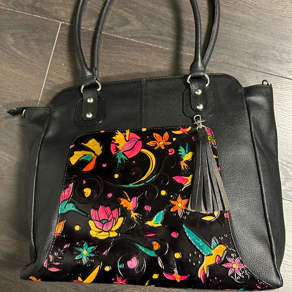 Black Tote Bag with Colorful Floral Panel & Tassel Genuine Colombian Leather
